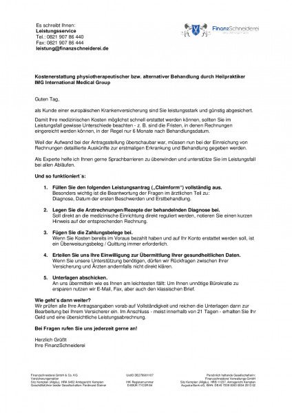 Antrag Physio/Heilpraktiker Kostenerstattung