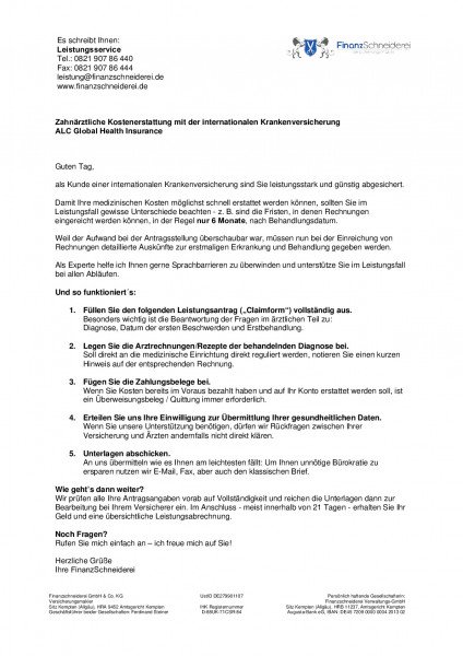 Antrag für zahnärztliche Kostenerstattung | ALC Global Health