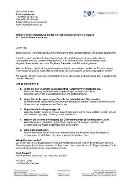 Antrag für stationäre Kostenerstattung | ALC Global Health