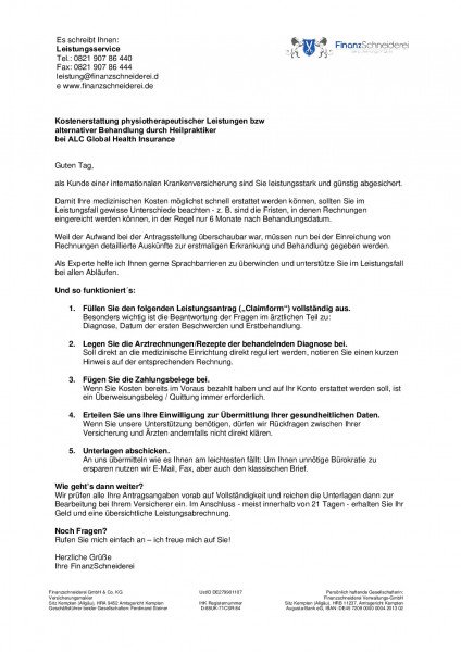 Antrag zur physiotherapeutischen Kostenerstattung | ALC Global Health