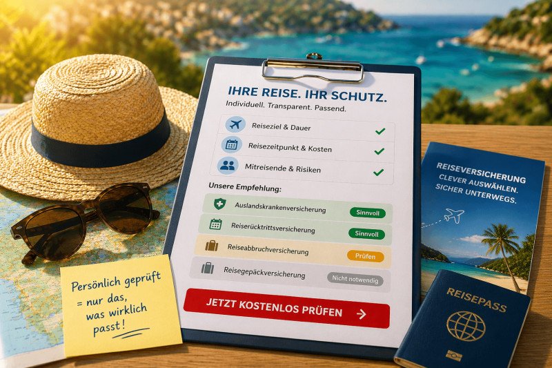 Beratung zur Reiseversicherung mit passender Auswahl von Auslandskrankenversicherung und Reiserücktritt