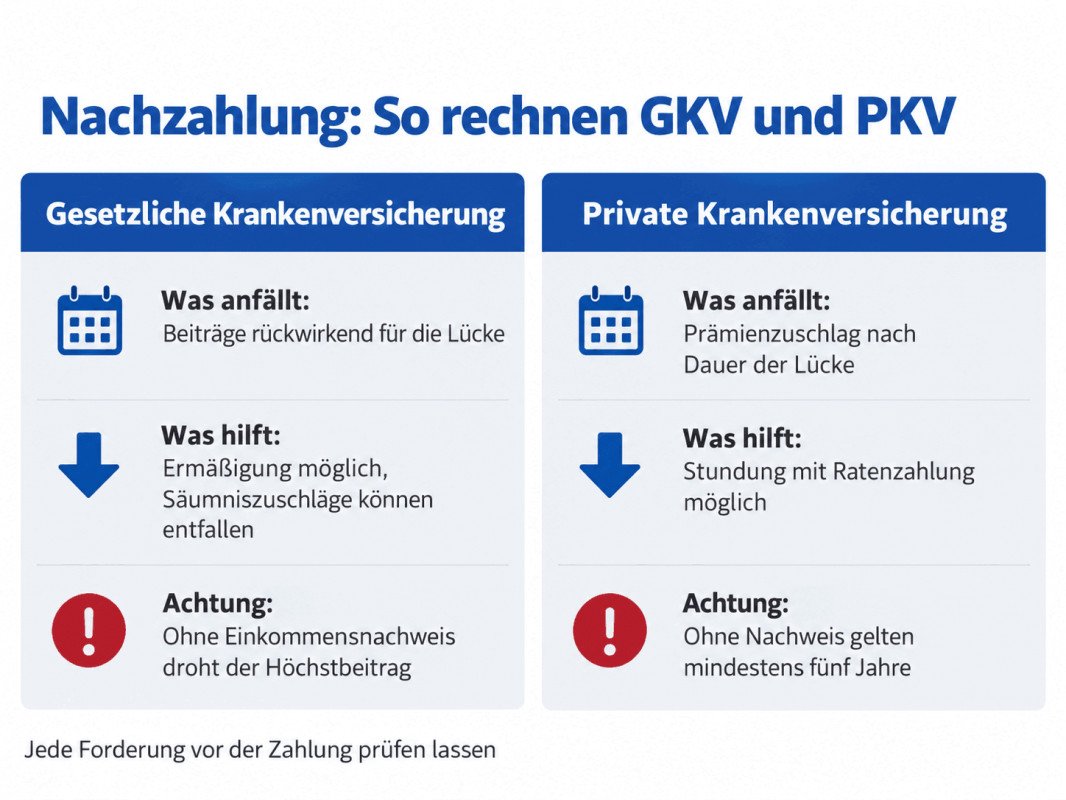 Grafik: In der GKV fallen rückwirkende Beiträge an, die ermäßigt werden können; in der PKV fällt ein Prämienzuschlag an, der von der Dauer der Lücke abhängt und gestundet werden kann