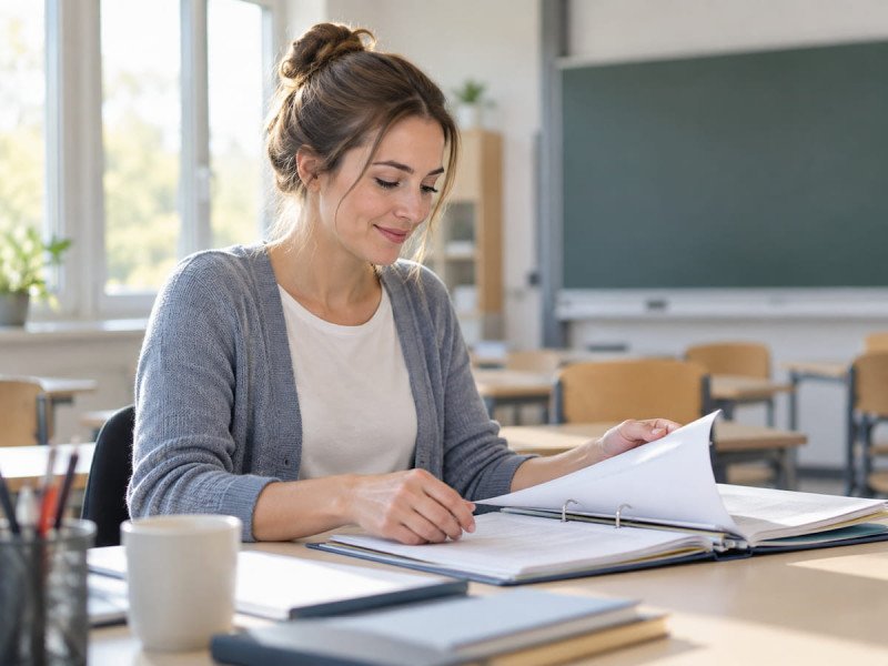 Junge Lehrerin am Pult in einem hellen Klassenraum