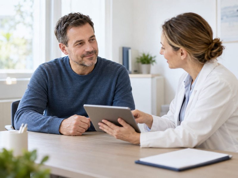 Ärztin erklärt einem Patienten im Sprechzimmer etwas an einem Tablet