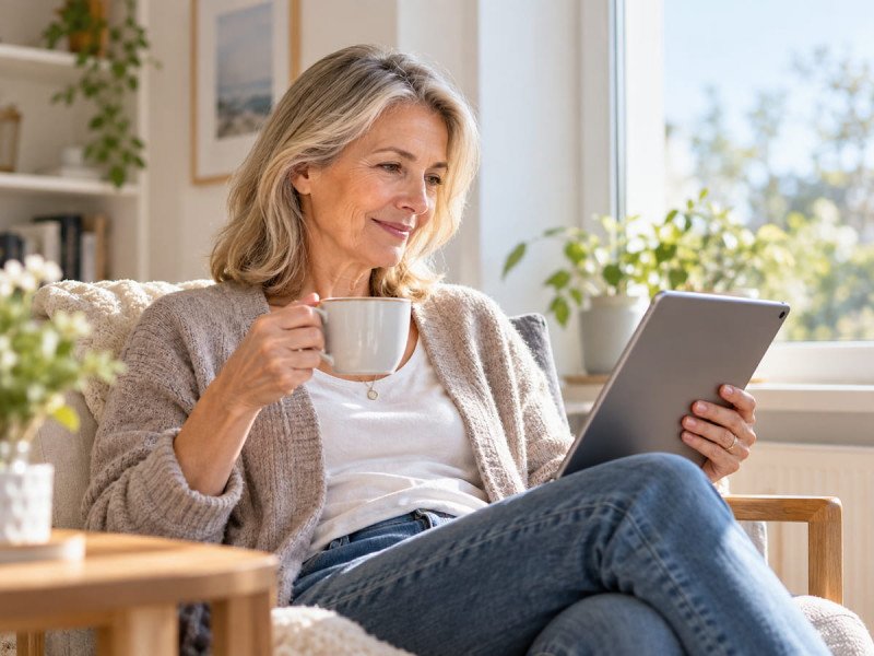 Frau im Ruhestand liest morgens am Fenster auf einem Tablet